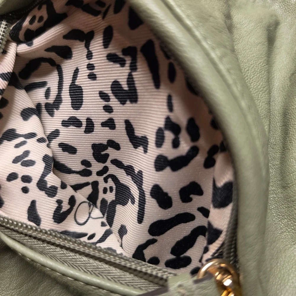 Jessica Simpson Olive Green Studded Hobo Bag Woven Guitar Strap Leopard Lining